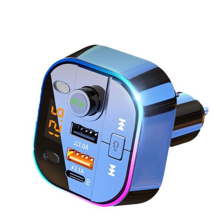 FM модулатор за кола, Bluetooth 5.0, многофункционален, 3 порта за бързо зареждане, Handsfree Car Kit FM трансмитер, RGB LED, дисплей за напрежение на батерията, външен микрофон, цифров дисплей, универсална версия