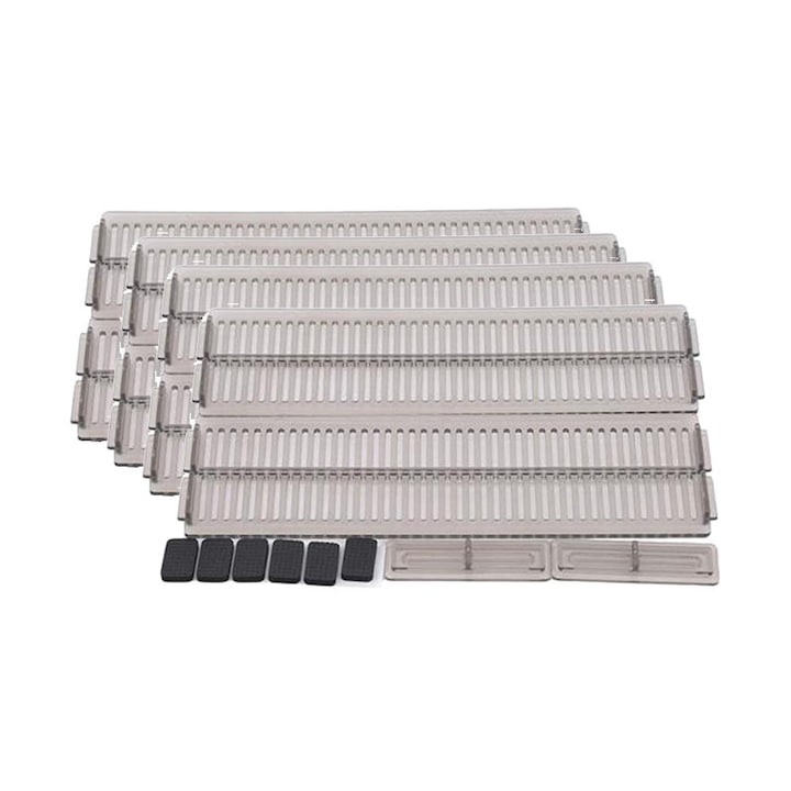 Set 8 separatoare de sertare, reglabile, 8 cm inaltime, lungimi extensibile de la 27-51 cm, transparente, potrivite pentru organizarea hainelor, vesela, ustensile de bucatarie