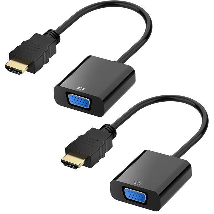 Set 2 adaptor convertor HDMI la VGA, Axroad Mall, HDMI A tata la VGA mama, 1080P@60HZ, Transfera semnale video de inalta calitate, Unidirectional, Compatibilitate larga, Negru, 25cm, Carcasa integrala din cupru/Plastic ABS, Negru