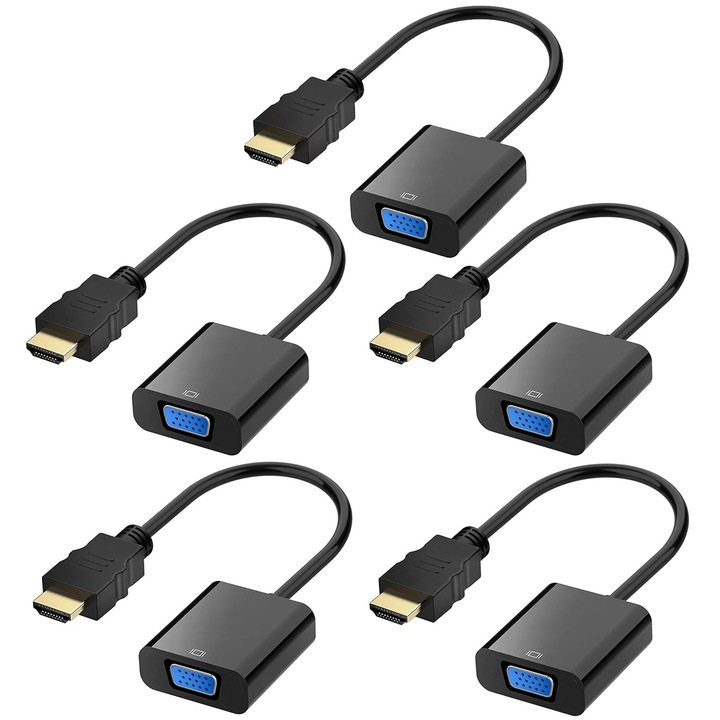 Set 5 adaptor convertor HDMI la VGA, Axroad Mall, HDMI A tata la VGA mama, 1080P@60HZ, Transfera semnale video de inalta calitate, Unidirectional, Compatibilitate larga, Negru, 25cm, Carcasa integrala din cupru/Plastic ABS, Negru intens