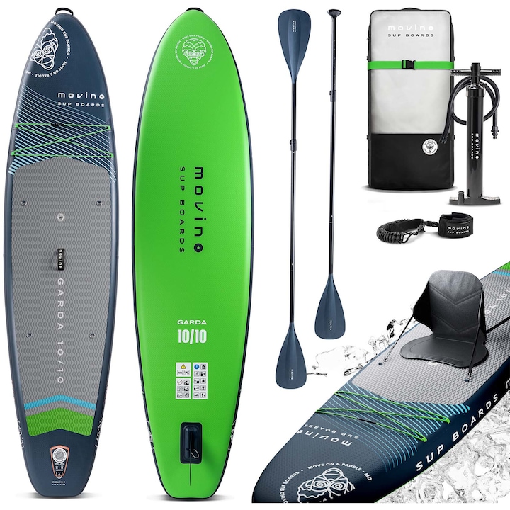 Placa SUP Movino GARDA Allround 10'10'', bleumarin/verde, 8kg, 330x81x15 cm, rucsac, pompa cu actiune dubla, lesa, aripioare, paleta 2-in-1, scaun caiac, kit de reparatii
