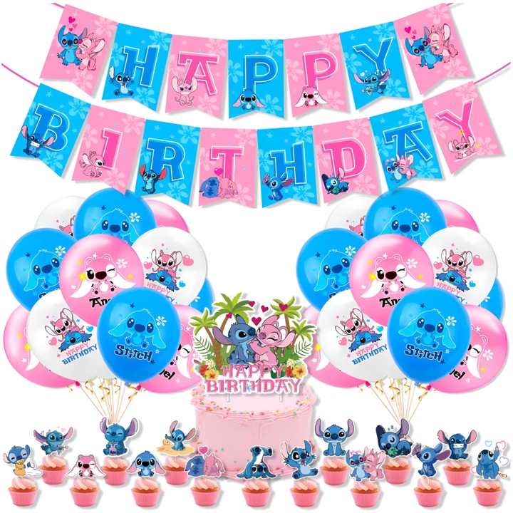 Set accesorii pentru petrecere Tyrael-SEA, tematica Lilo & Stitch, roz, baloane/steag pentru tort