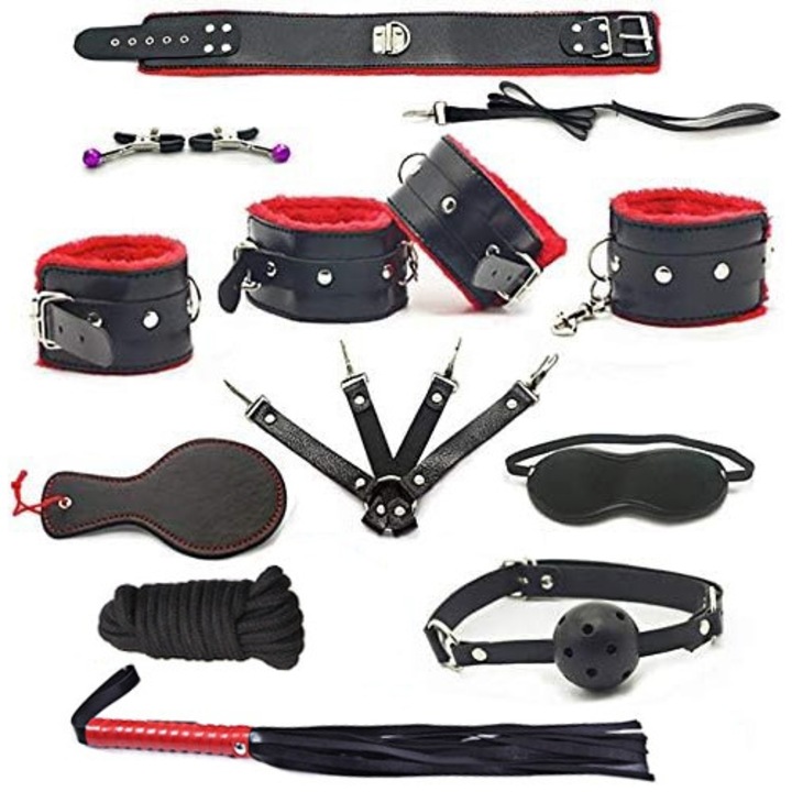 Set 10 Jucarii Erotice, Yingyun®, din Piele Ecologica, pentru Activitati Fetis, Dominare Bondage BDSM, Joc Cuplu, Sexy Toys, Reglabile, contine Catuse, bici, zgarda, franghie, mansete, Cleme, Negru/Rosu