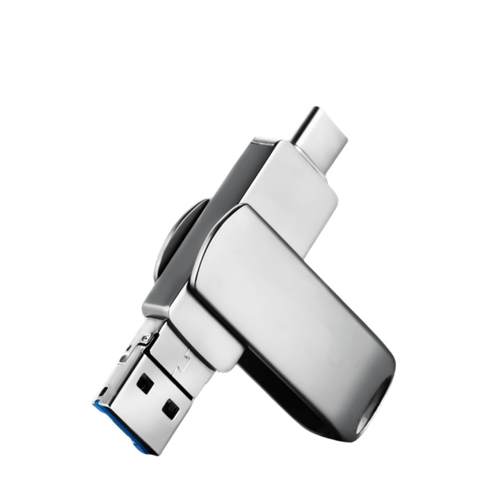 USB памет 3.0, Redkid®, Флашка 4 в 1, за телефон, таблет, лаптоп, IOS, ANDROID, WINDOWS, 256GB, Модерен и ергономичен дизайн, Сребрист