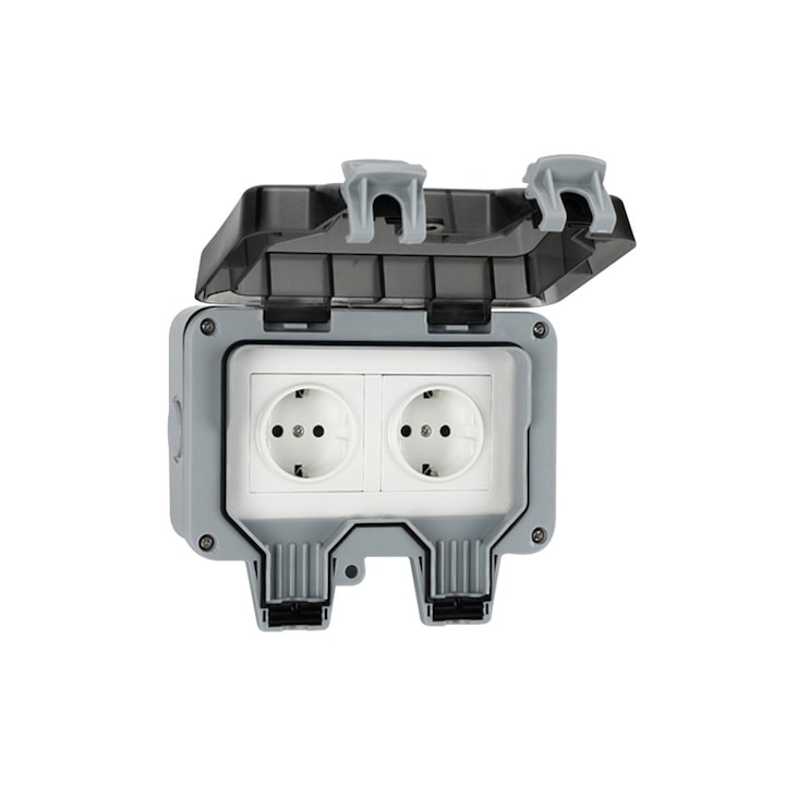 Priza exterior, Begleri®, Dubla, Rezistenta la ploaie IP66, Material PC, staniu fosfor bronz, Potrivit pentru gradinarit, Gri