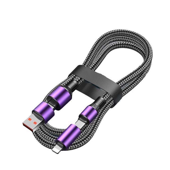 Кабел за данни, подходящ за зареждане на лаптопи и мобилни телефони, Lightning, Micro USB, TYPE-C multi port, 1 метър, лилав