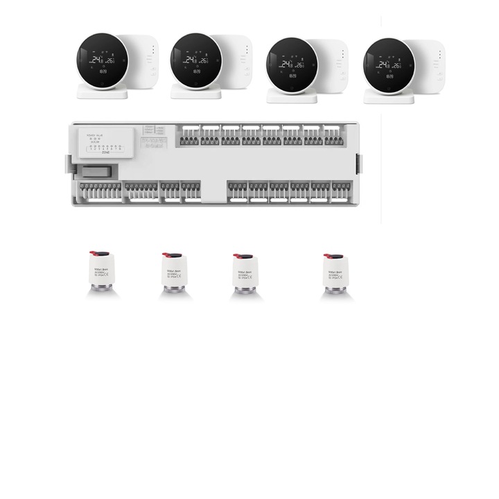 Sistem automatizare incalzire in pardoseala centru de comanda incalzire pardoseala, 4 termostate inteligente wireless controlate prin Internet, 4 actuatoare