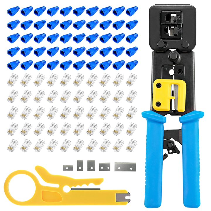 Gxwcyi комплект клещи за кримпване, 107 части, за RJ45/RJ11/12, с нож и телбод, високопроизводителна стомана