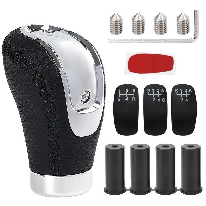 Топка за скоростен лост gxwcyi, кожа, алуминий, комплект 9 аксесоара, черен