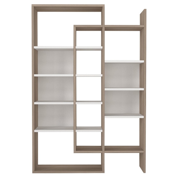 Библиотека UnicUtil Geo Space, Асиметрично вертикално разделяне, За хол или офис, Монтаж на пода, Декоративен и функционален дизайн, 94,2 x 22 x 139,5 см, Бял/Кафяв