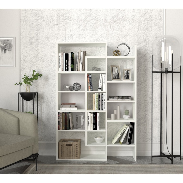 Biblioteca, UnicUtil®, Biblioteca Living Geo Whitespace, 94.2 x 22 x 139.5 cm, Mobila Living din PAL Melaminat Durabil, Rafturi Biblioteca cu Design Modern si Functional, Organizare si Depozitare Carti, Documente si Obiecte Decorative, Alb Elegant