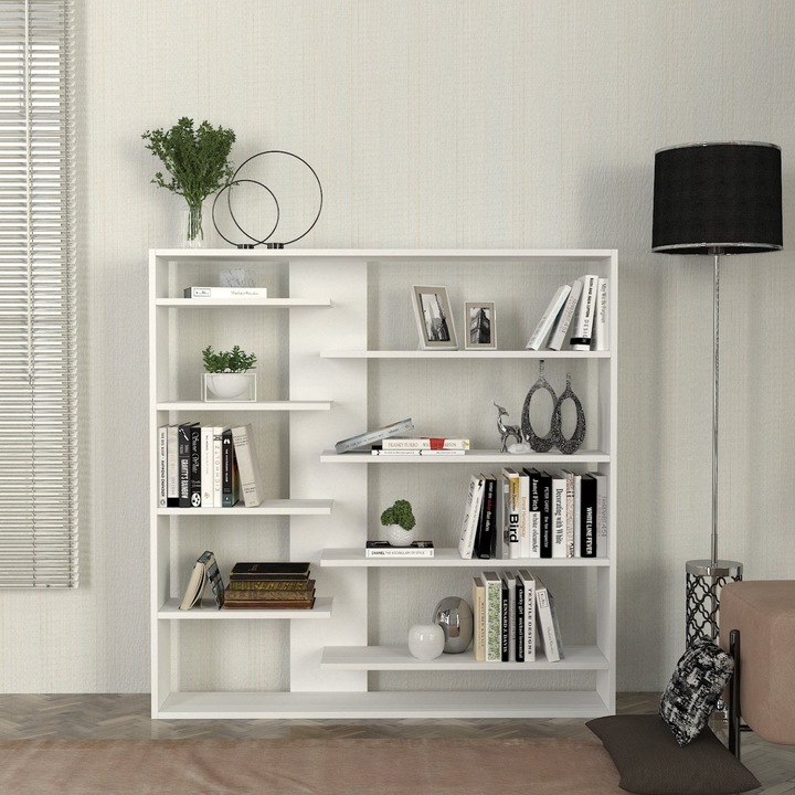 Biblioteca, UnicUtil®, Biblioteca Living Linear FlowPro, 125 x 22 x 126 cm, Mobila Living din PAL Melaminat Durabil, Rafturi Biblioteca cu Design Modern si Functional, Organizare si Depozitare Carti, Documente si Obiecte Decorative, Alb