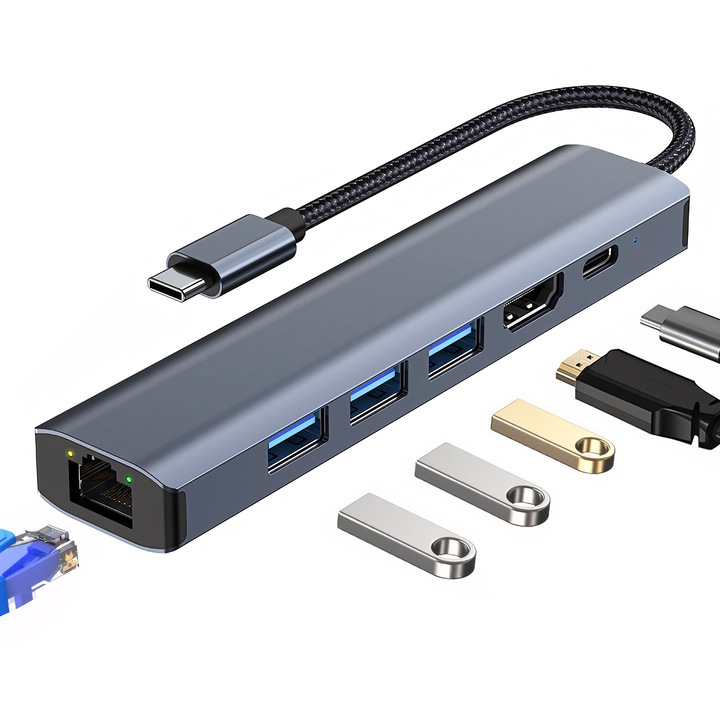 USB C хъб, JESWO, 6-в-1, HDMI 4K, Ethernet RJ45, PD 100W, алуминий, сив, 127x27.5x14mm