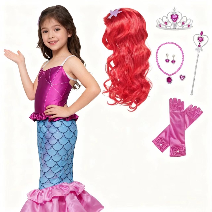 Rochie model sirena, ANUTETOUNI®, 6 accesorii, 11-12ani, 150 cm, Halloween, Carnaval, Craciun, Paste, Ziua Copilului, Ziua Indragostitilor, Roz/Albastru ﻿