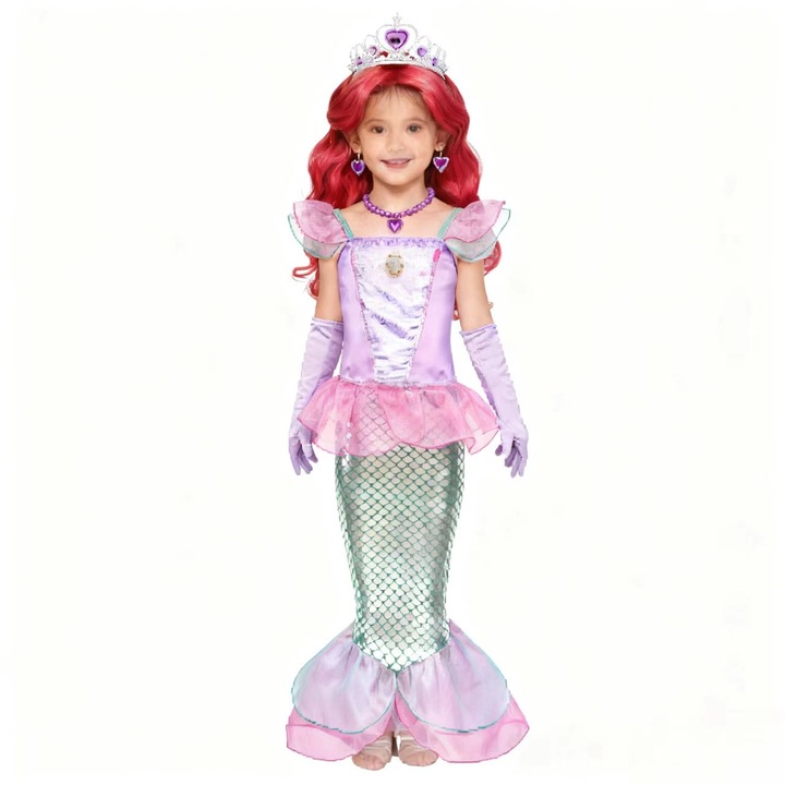 Set Rochie de printesa sirena, cu 6 accesorii, ANUTETOUNI®, 2-3ani, 100 cm, Halloween, Carnaval, Craciun, Paste, Ziua Copilului, ZiuaIndragostitilor, Roz, Bumbac/Poliester