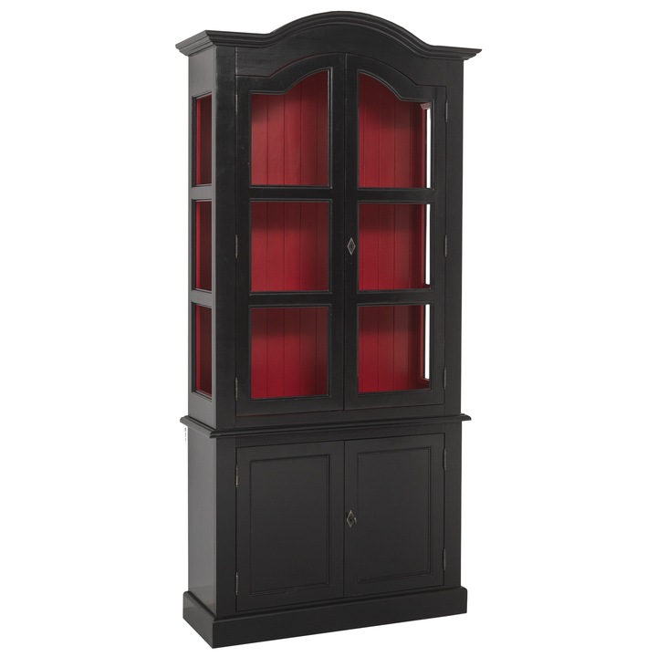Vitrina cu 2 usi BAS + 2 usi sticla, cornisa arcuita SUP, culoare exterior negru P150, culoare interior rosu P047, dublu color, 100% lemn masiv, 104x39x220 cm