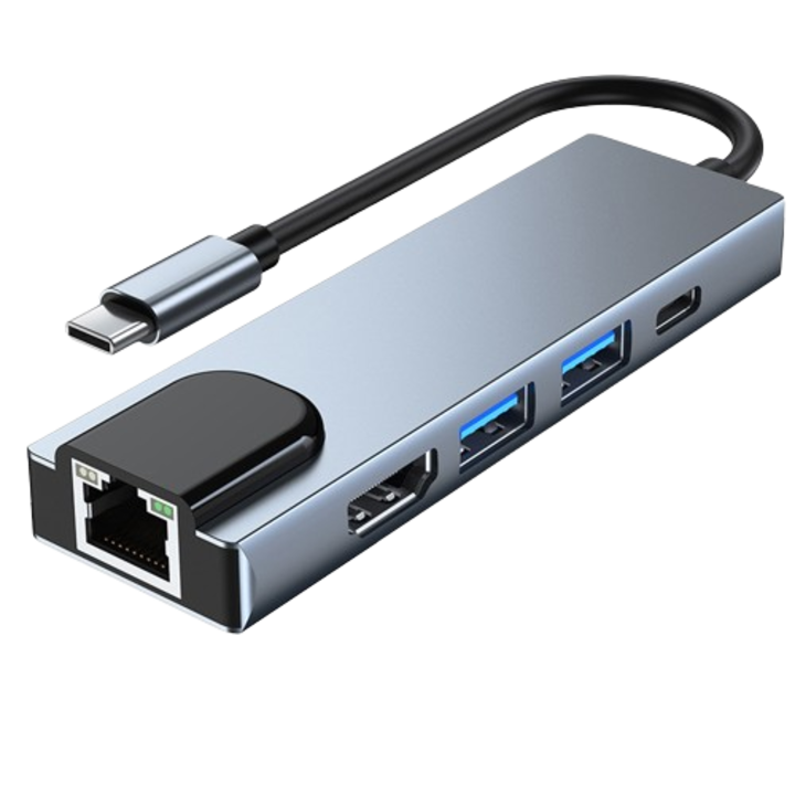 Универсален 5 в 1 USB адаптер за докинг станция, Serene Sense, USB-C хъб, USB 2.0/3.0, бързо зарядно устройство, HDMI порт, лаптоп/телевизор/мобилен телефон, Тъмно сив