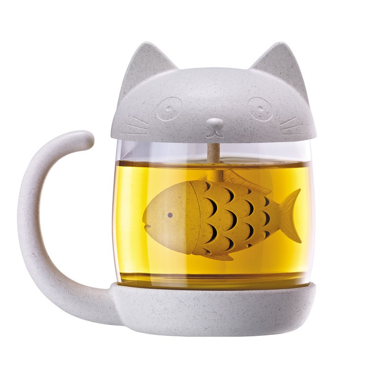 Teáskanna infúzióval, Rqiurpn, hőálló üveg, Cute Cat, 250ml, 123x118x80 mm, szürke szürke