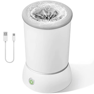 Dispozitiv Pentru Curatare si Dezinfectare Labute Caini si Pisici Automat, cu Acumulator, 2 Viteze si Rotatie Bidirectionala, Perii din Silicon Moale, Capac Anti Stropire, Incarcare USB, pentru Igiena Animale de Companie de Talie Mica/Medie, Alb