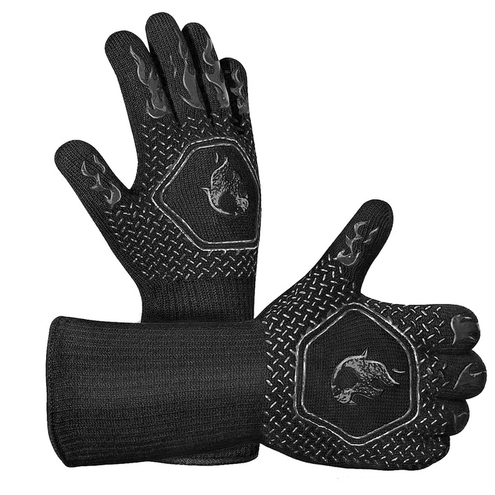 Hőálló grillkesztyű, NUODWELL, Csúszásgátló, 800°C-ig hőálló, Könnyen tisztítható, grillezéshez, konyhai főzéshez, sütéshez, Szilikon/poliészter, Fekete