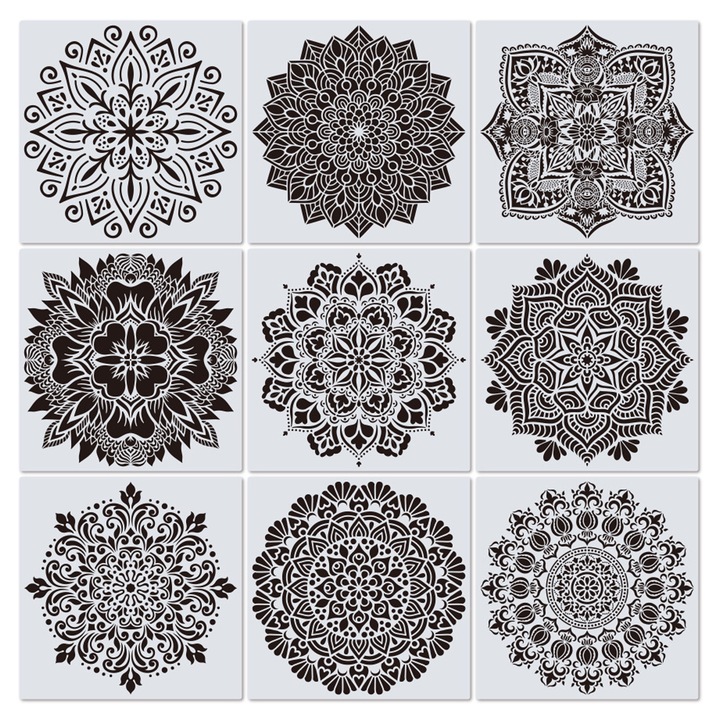 Set 9 Sabloane Mandala Flower, NUODWELL, Refolosibil, Rezistenta la temperaturi ridicate, Nu se estompeaza, Usor de curatat, Pentru proiecte de arta de pictura pe stanca, 30.5x30.5cm, PET, Negru