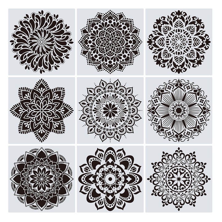 Set 9 Sabloane Mandala Flower, NUODWELL, Refolosibil, Rezistenta la temperaturi ridicate, Nu se estompeaza, Usor de curatat, Pentru proiecte de arta de pictura pe stanca, 30.5x30.5cm, PET, Alb