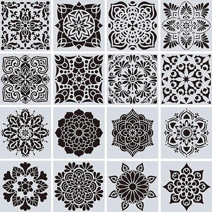 Set 16 Sabloane Mandala Flower, NUODWELL, Rezistenta la temperaturi ridicate, Selectie de modele multiple, Usor de folosit, Pentru Perete, Tesatura, Mobilier, 15x15cm, PET, Negru