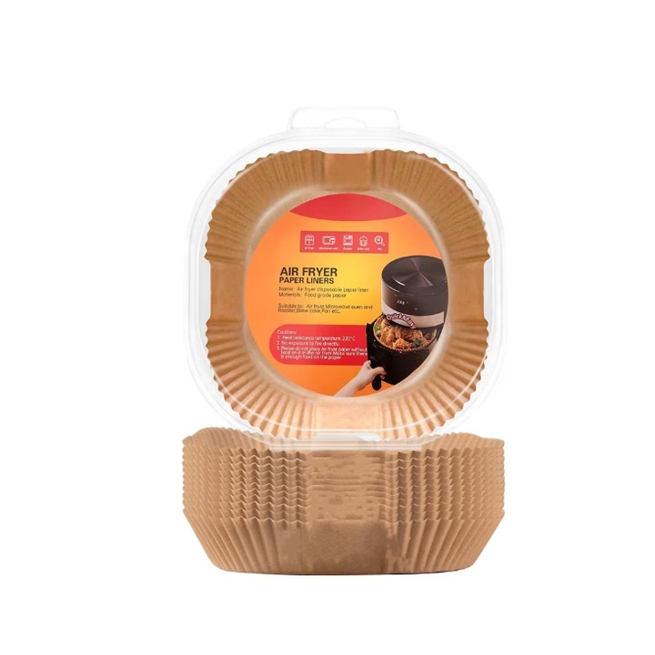 Комплект от 50 части хартия за печене за въздушен фритюрник, биоразградима, устойчива на мазнини, 20x20x4,5 см, кафява