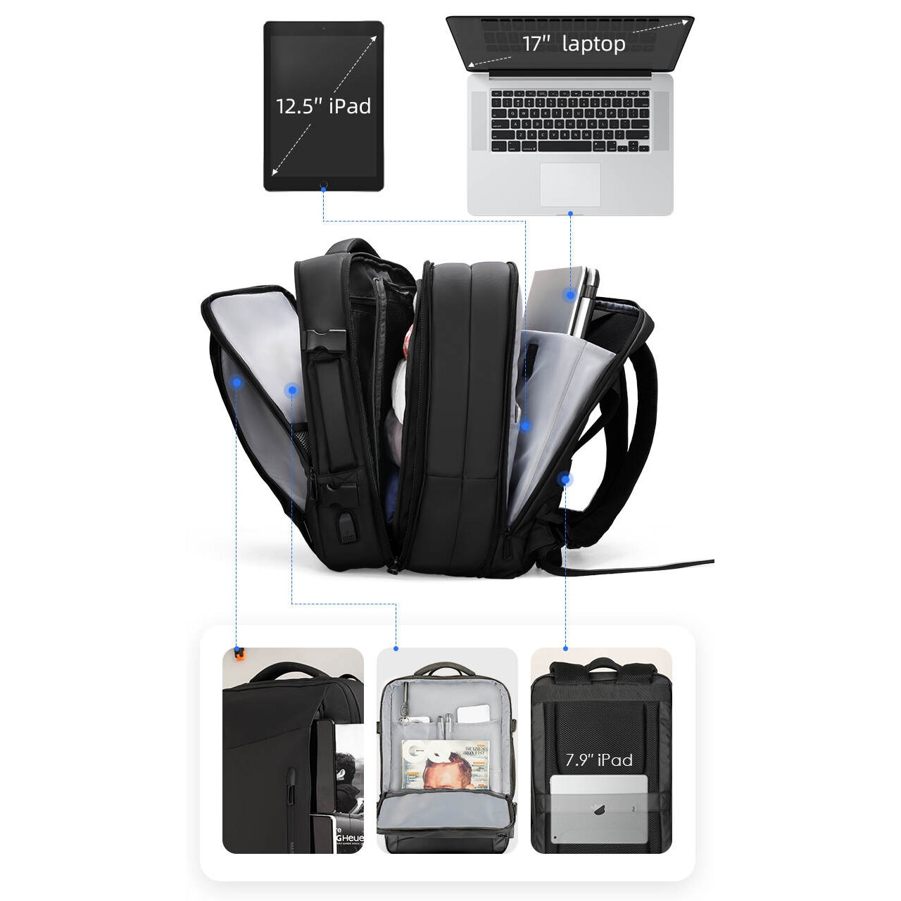 Rucsac Mark Ryden Pentru Laptop 17.3 inch, Tableta 11 inch, Extensibil de la 26L pana la 39L, Port USB, Total Impermeabil, Sistem Antifurt, Spatios, negru