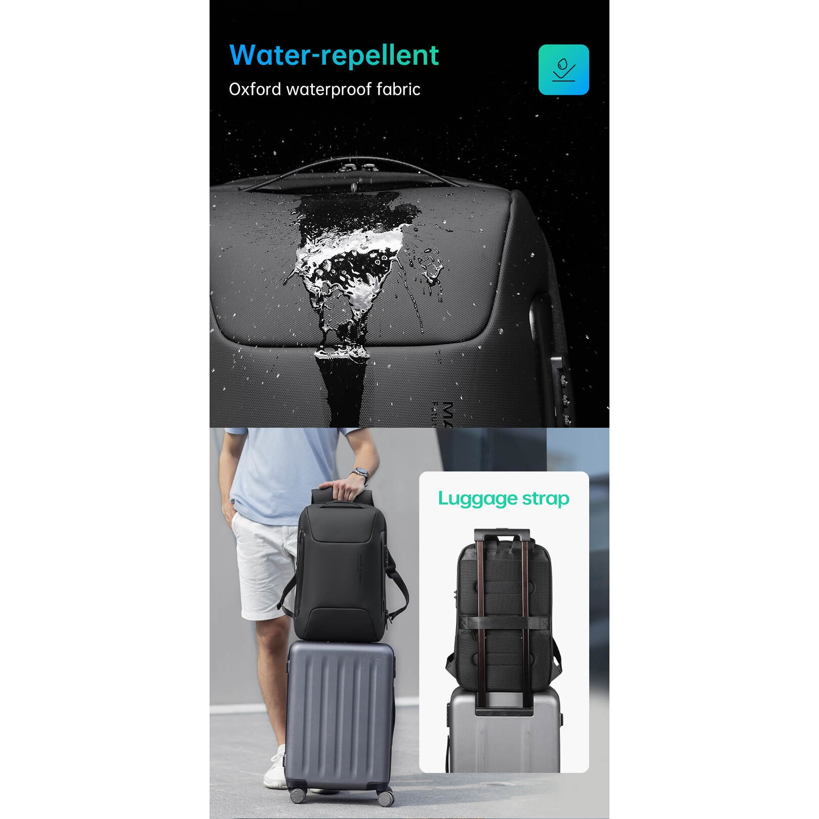 Rucsac Mark Ryden Pentru Laptop 15.6" si Tableta 9.7", 26L, Blocare TSA, port USB si micro USB, Total Impermeabil plus Compartiment Impermeabil, Sistem Antifurt, negru