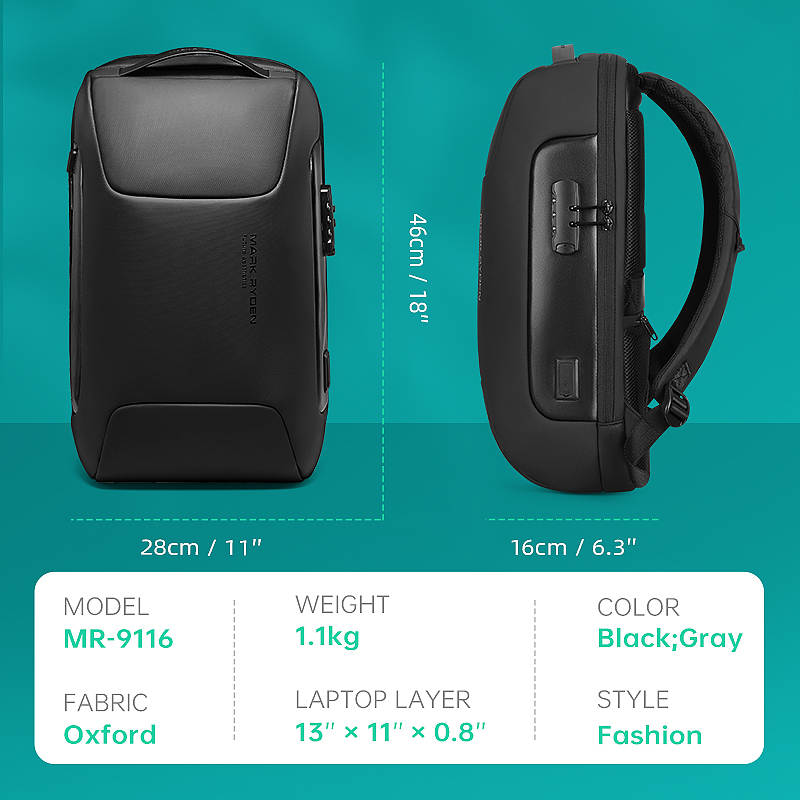 Rucsac Mark Ryden Pentru Laptop 15.6" si Tableta 9.7", 26L, Blocare TSA, port USB si micro USB, Total Impermeabil plus Compartiment Impermeabil, Sistem Antifurt, negru