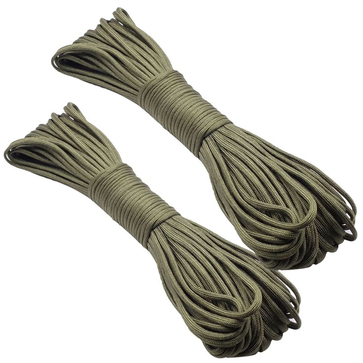 Set 2 Franghie impletita, Axroad Mall, Franghie Paracord 550lb, Franghie pentru supravietuire, Lungime franghie 31m, Diametru 4mm, Compozitia cablului interior cu sapte toroane, Polipropilena, Verde
