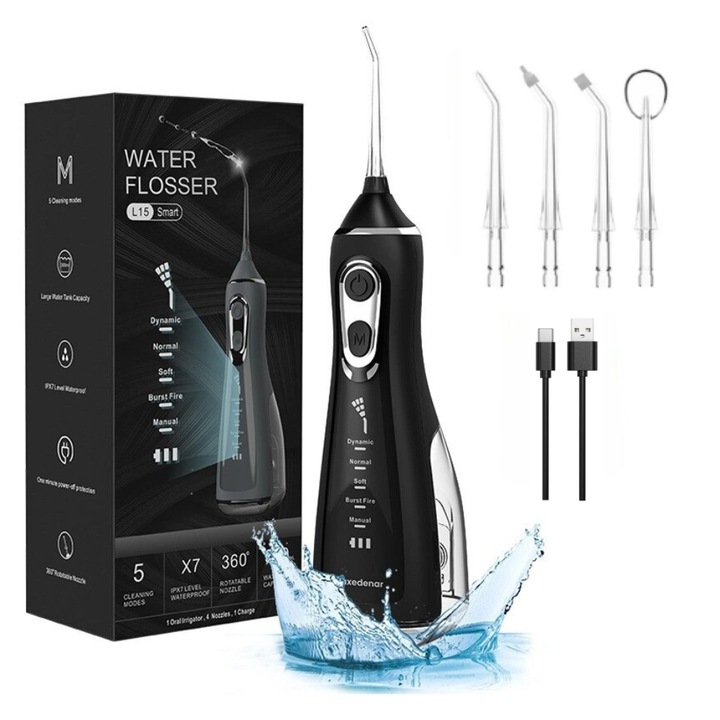 BIRAI professzionális vezeték nélküli szájöblítő, hordozható, Water Flosser L15 Smart, hatékony fogtisztítás, 5 munkaprogram, 1800 impulzus/perc, IPX7 vízálló, 360 fokos elforgatás, 4 fej, 2000 mAh akkumulátor, 300 ml reverb, fekete