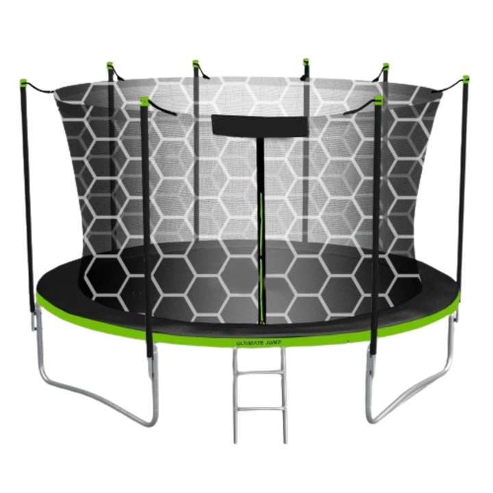 Градински Батут Dacenergy, Вътрешна Предпазна Мрежа, Метални Колове, Двойни Крака, Стабилна U-Образна Форма, Цип И Катарама, 374 См, Черен И Зелен