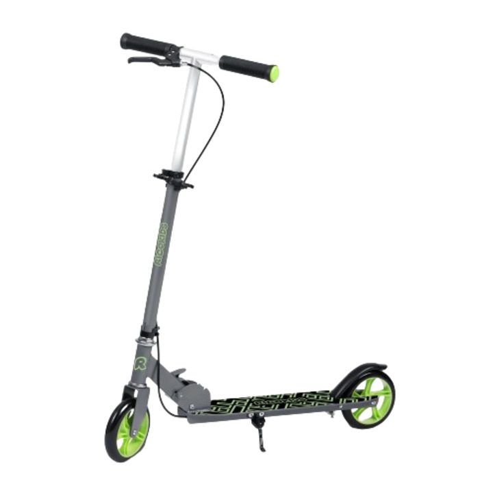 Детска Тротинетка, Желязно Кормило, Регулируема, 64, 5-84, 6 См, PU Гумени Колела, Ръчна Спирачка И Крачна Спирачка, 3-8 Години, Сиво И Зелено