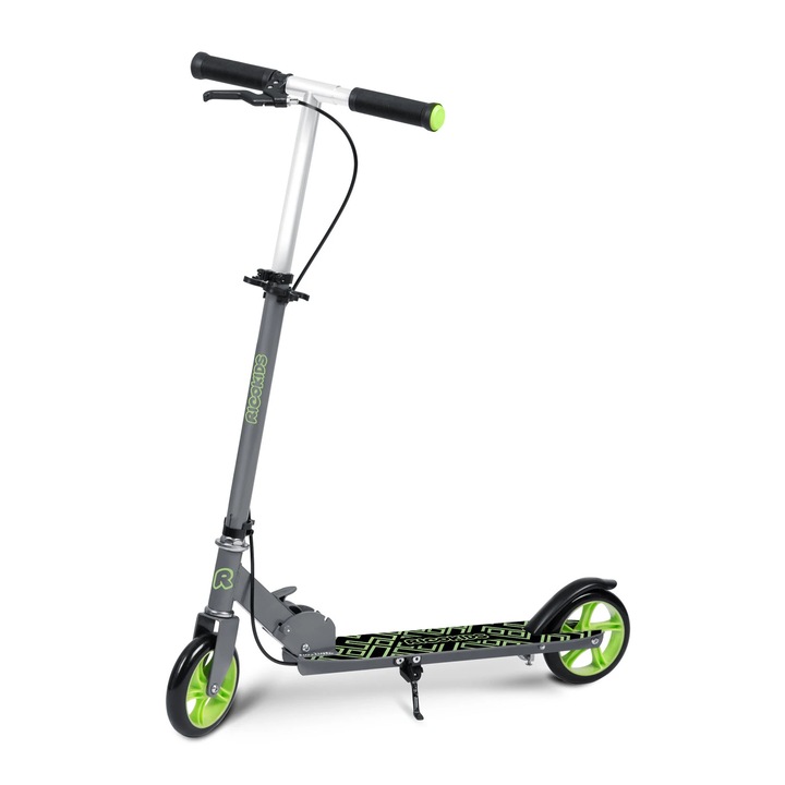 Gyerek Roller, vas kormány, állítható, 64, 5-84, 6 cm, PU gumi kerekek, kézifék és lábfék, 3-8 éves, szürke és zöld