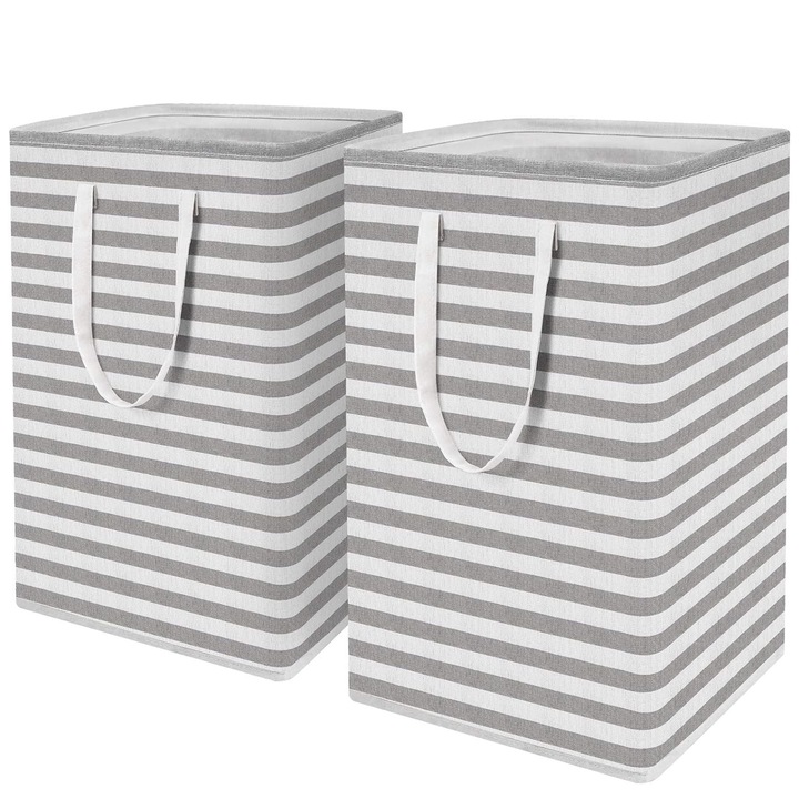 Комплект от 2 коша за пране, Zggzerg, 75 л, с удължени дръжки, сгъваеми, устойчиви на прах и влага, устойчиви на износване, шарка на райета, издръжливи, за спалня, баня, всекидневна, памук и лен, 40 x 30 x 60 см, сиво/бяло