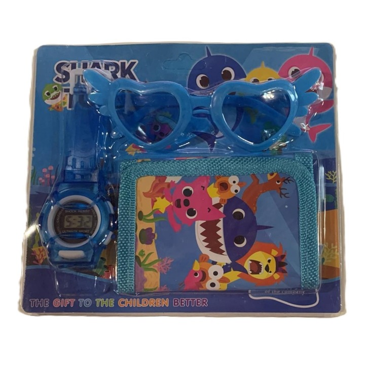 Set cadou Baby Shark, portofel, ochelari si ceas, albastru