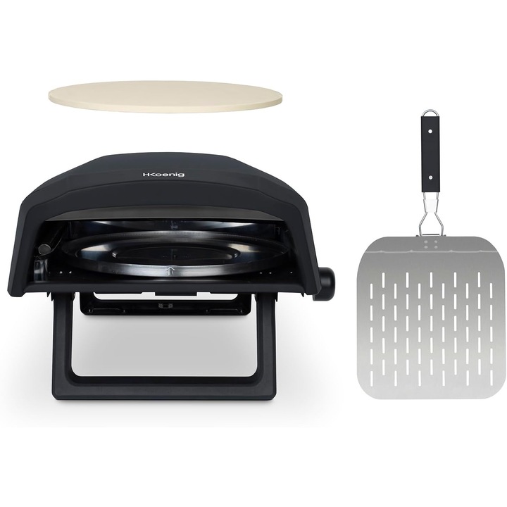 Cuptor pe gaz pentru pizza H.Koenig, GINO640, suprafata mare de gatit Ø32 cm, piatra rotativa, temperatura reglabila max. 500°C, accesorii incluse, picioare pliabile, negru
