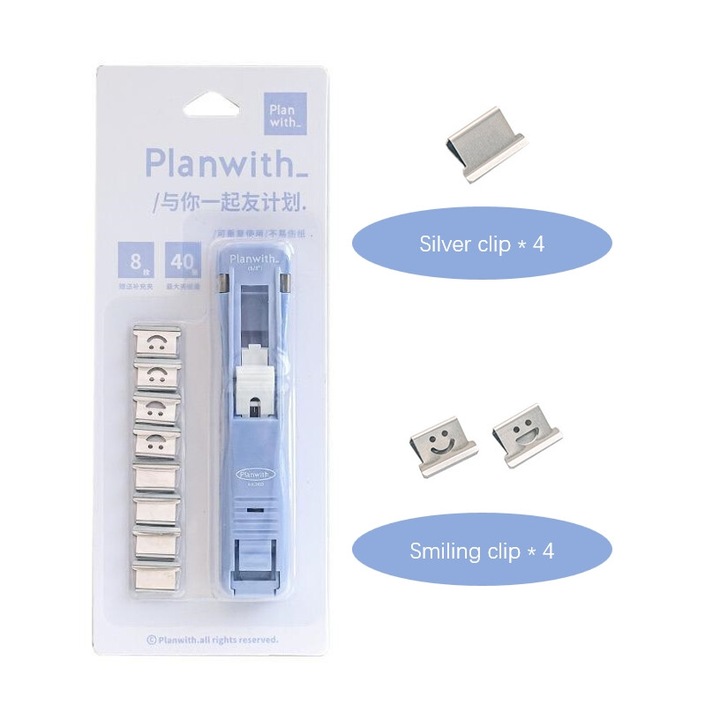 Set capsator metalic, cu 8 clipsuri din inox, potrivit pentru birou si acasa, albastru