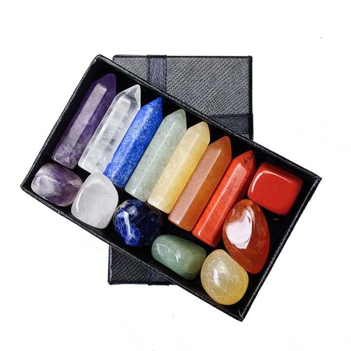 Set de pietre chakra Rqiurpn, 7 baghete cristal si 7 pietre, cristale vindecatoare pentru meditatie, ameliorarea anxietatii, yoga, multicolor, 8x33mm/12-18mm