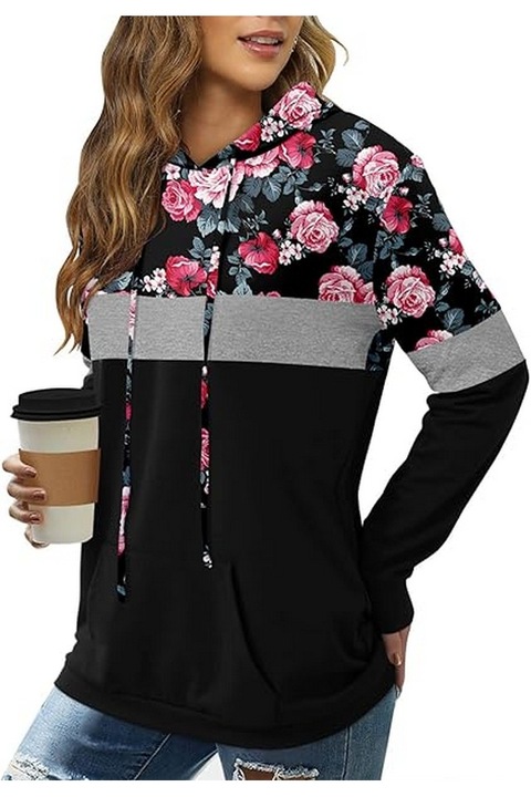 Női fekete virágos pulóver, XXL méret, Czimoo