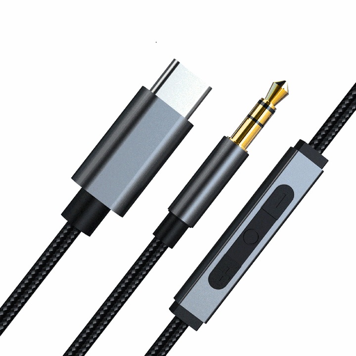 Кабел за аудио адаптер Rqiurpn, жак 3,5 мм към USB-C, DAC 32 бита, 1,2 м, черен, плетен найлон