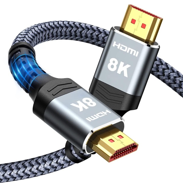 Мъжки към мъжки HDMI 2.1 кабел, Axroad Mall, 8k@60hz 4k@120hz 2k@144hz, HDR, VRR, QMS, 3D, eARC, позлатен, Здрав и издръжлив, Високоскоростно предаване до 48Gbps, Сив, Корпус от алуминий /медна тел 5м