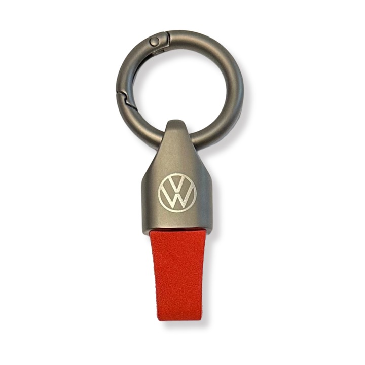 Ключодържател Volkswagen от метал и велур, Гравирано лого, Матово черно-червено
