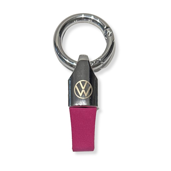 Ключодържател Volkswagen от метал и велур, Гравирано лого, Сребристо-розово