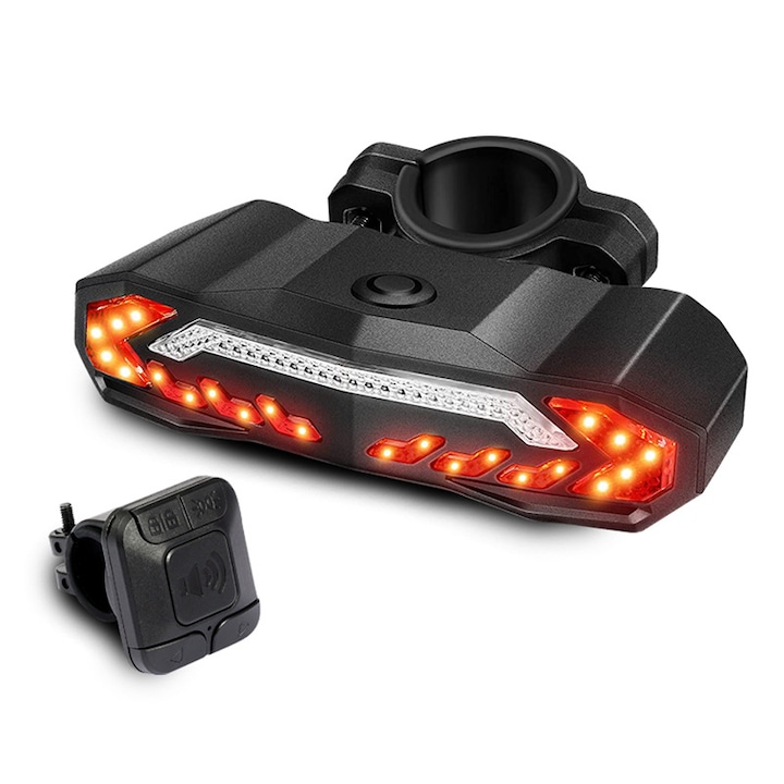 Set lumini bicicleta cu senzor franare, sistem semnalizare, alarma, claxon, IP65, 6 moduri iluminare, incarcare USB, negru