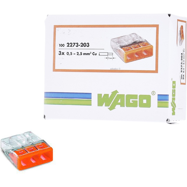 Set 100 cleme (conectori) Wago 2.5 mmp 2273-203, compact, borna cu arc, cablu masiv, 3 fire, 24A