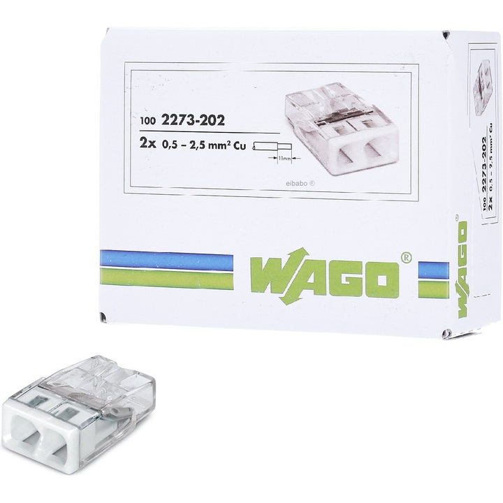 Set 100 cleme (conectori) Wago 2.5 mmp 2273-202, compact, borna cu arc, cablu masiv, 2 fire, 24A