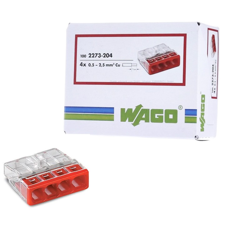 Set 100 cleme (conectori) Wago 2.5 mmp 2273-204, compact, borna cu arc, cablu masiv, 4 fire, 24A